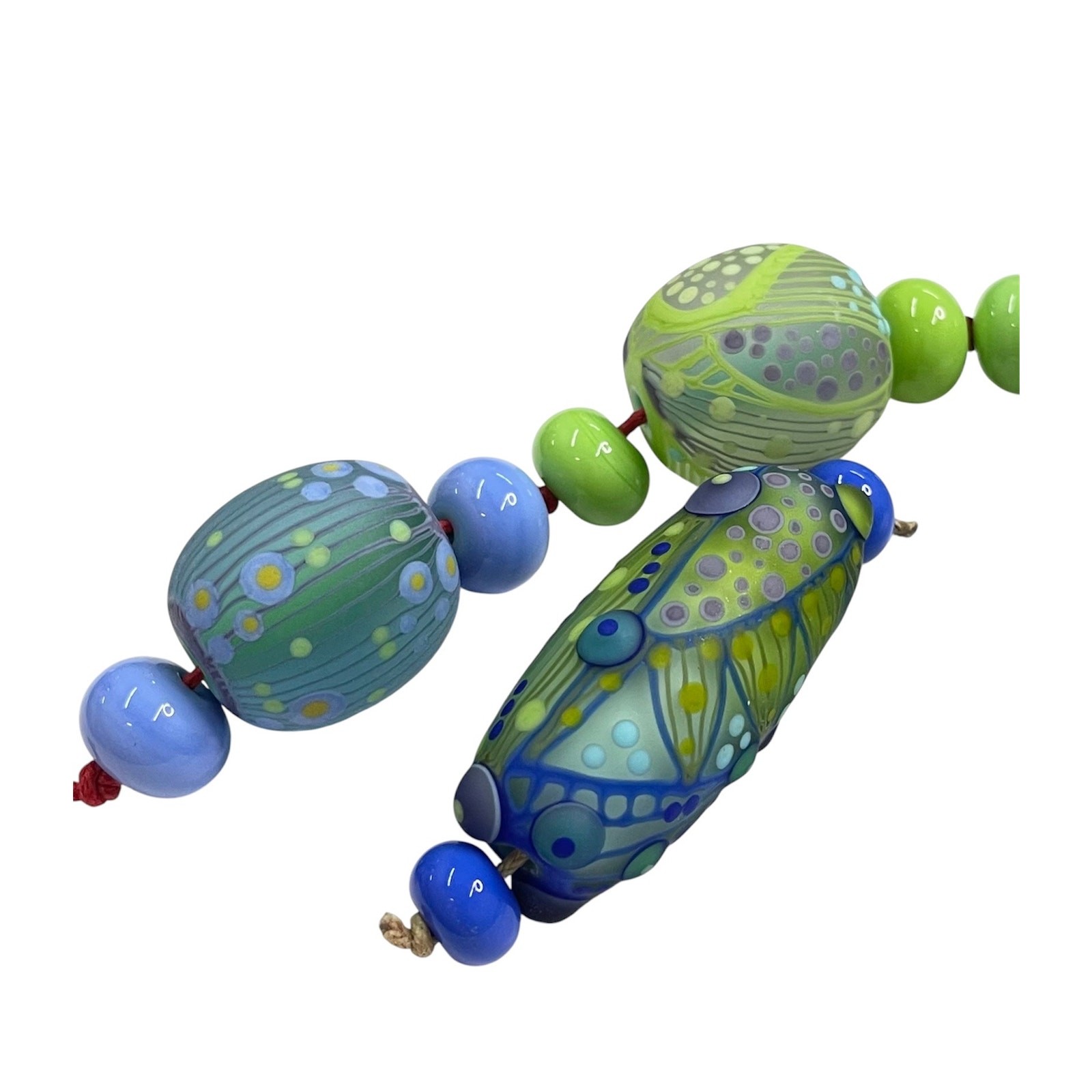 Handmade Lampwork Green Blue Abstract Etched Matte Glass Bead Set-Jewelry Making
