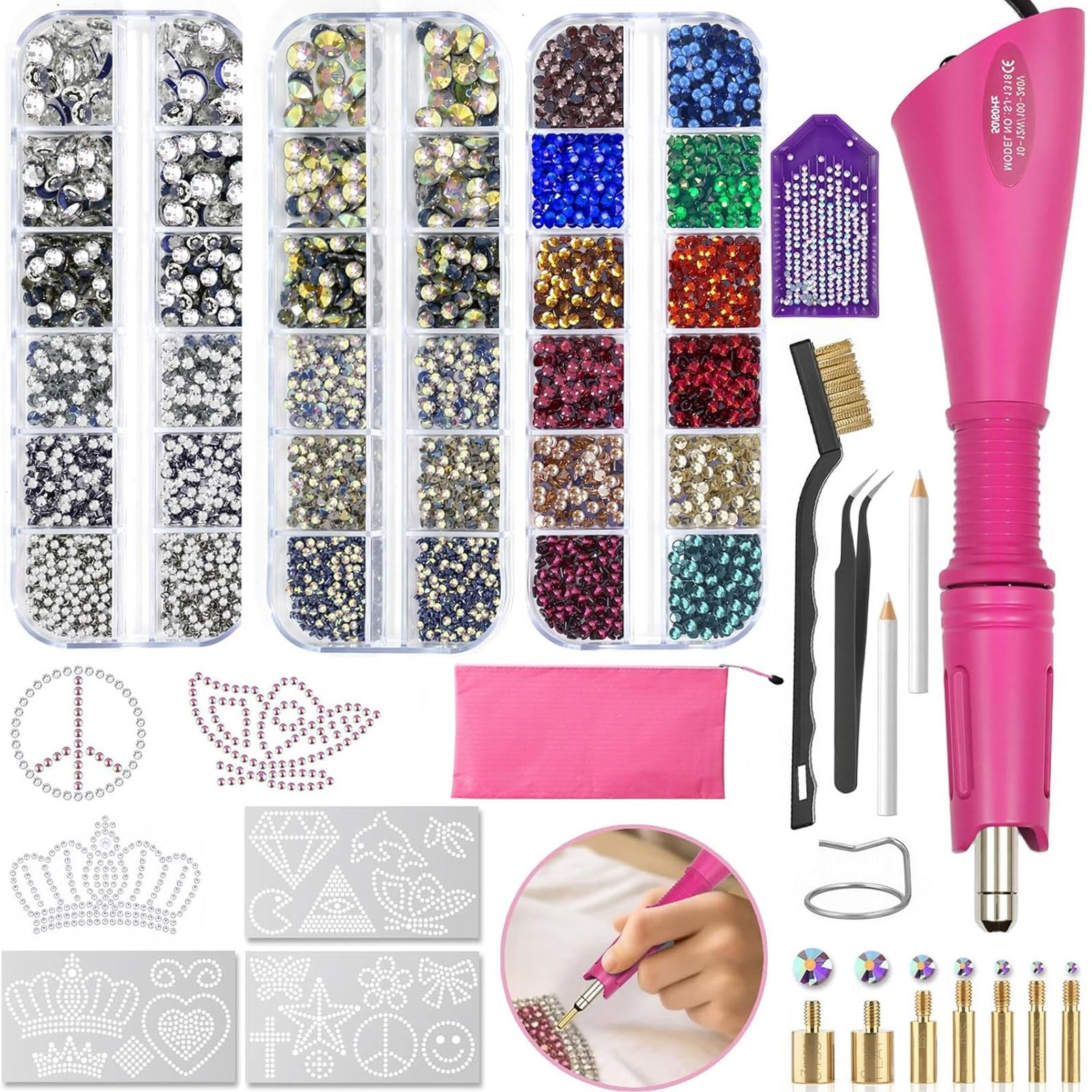 Hotfix Rhinestones Applicator Kit, 4500 Crystals Clear AB Multi-Color, 7 Tips…