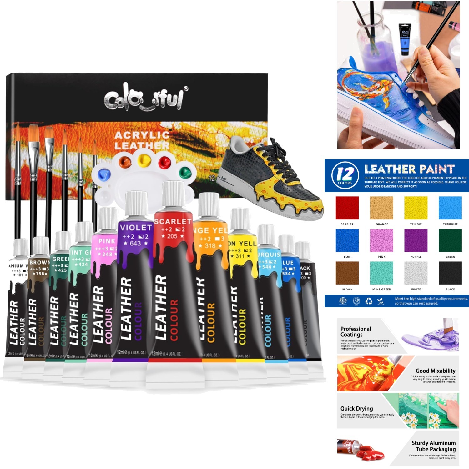 12 Color Acrylic Leather Paint Set for Shoe Bag Jacket DIY Customizing & Crafts