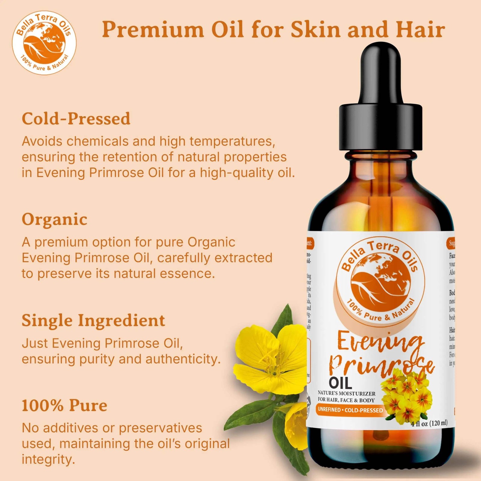 Organic Cold-Pressed Evening Primrose Oil 100% Pure Skin Hair Face Moisturizer