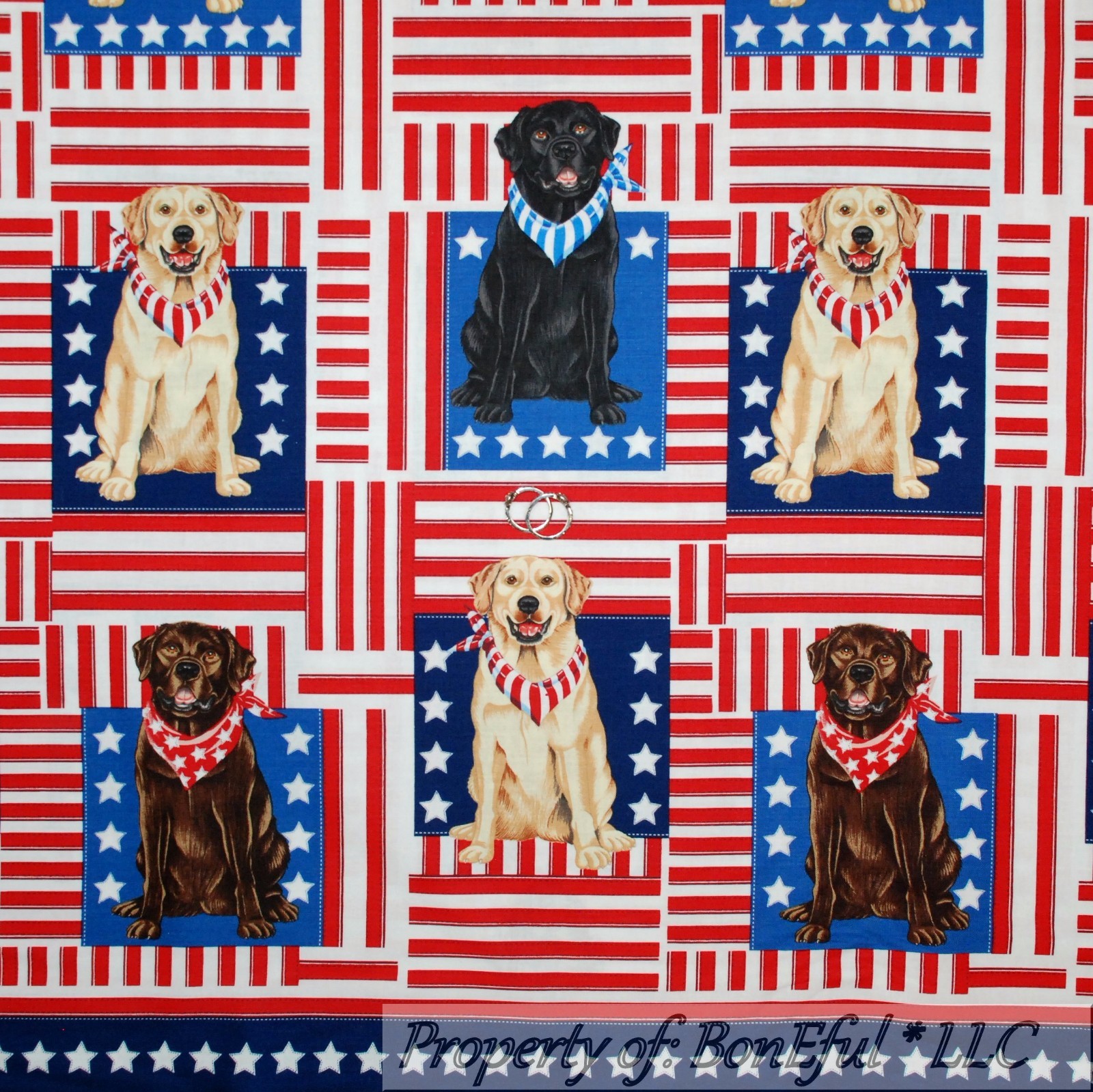 BonEful Fabric FQ Cotton Quilt Red White Blue Dog Black Labrador Retriever Star