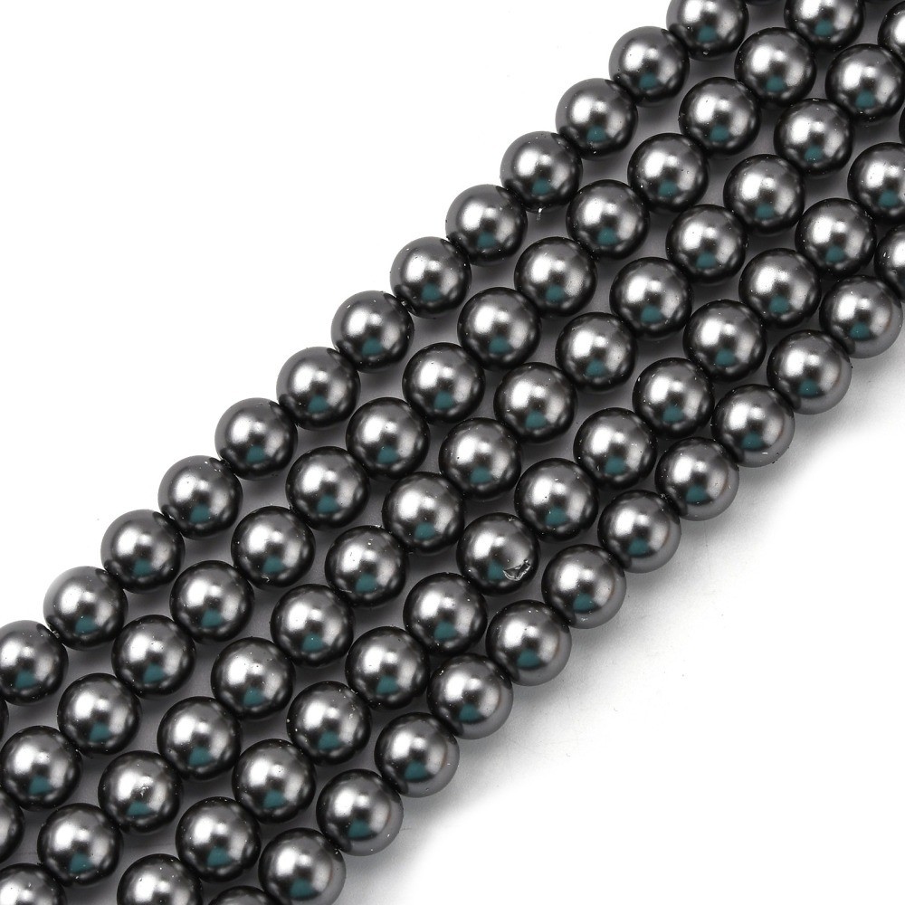 8mm Silver Charcoal Glass Pearl Imitation Round Beads – Approx. 100 Beads