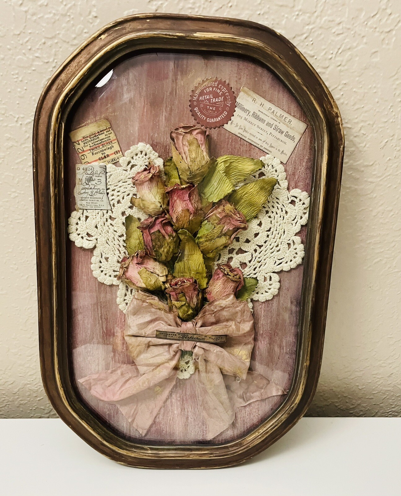 Old World Antique Curb Glass Antique Frame Faux Rose Bouquet Handmade CL