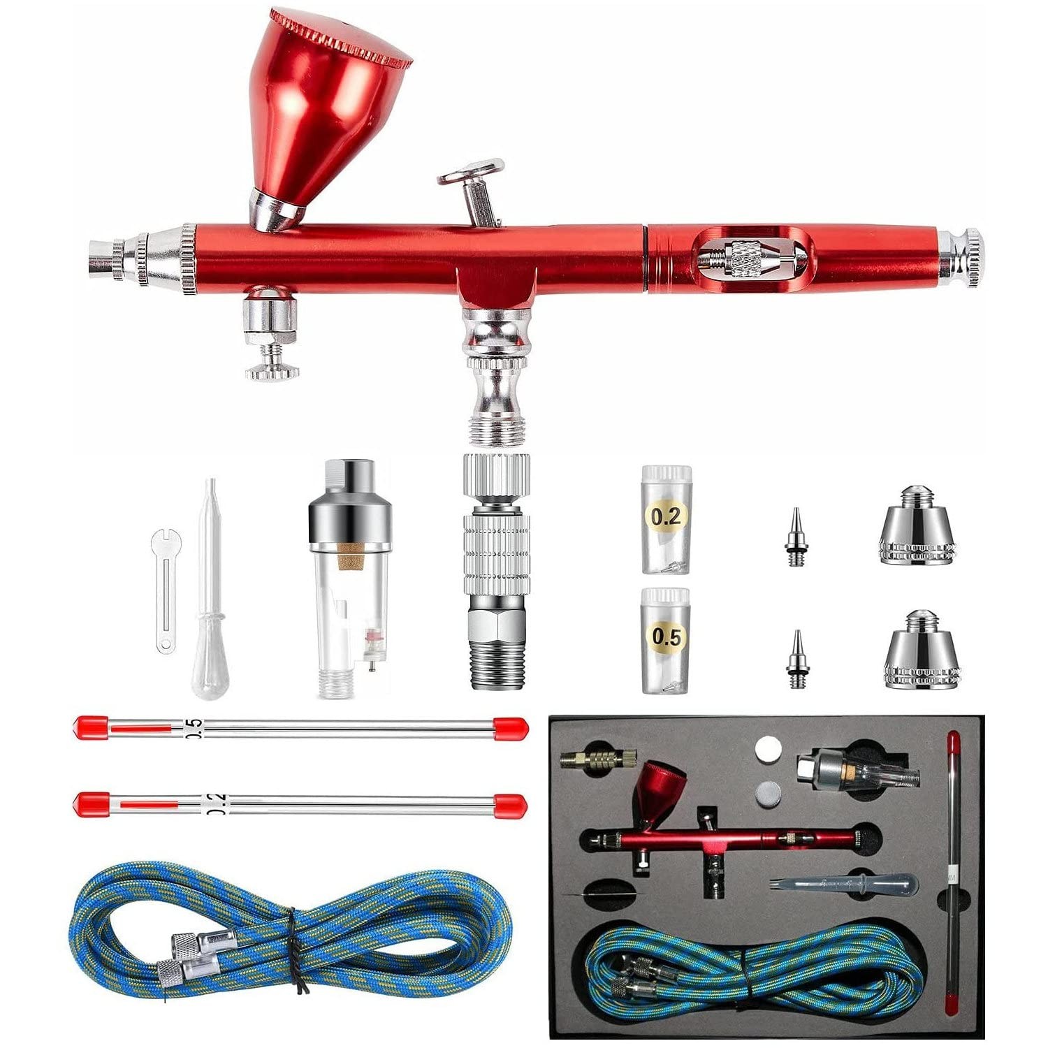 Dual Action Airbrush Kit with 0.2mm 0.3mm 0.5mm Nozzles, Air Hose & Quick Cou…