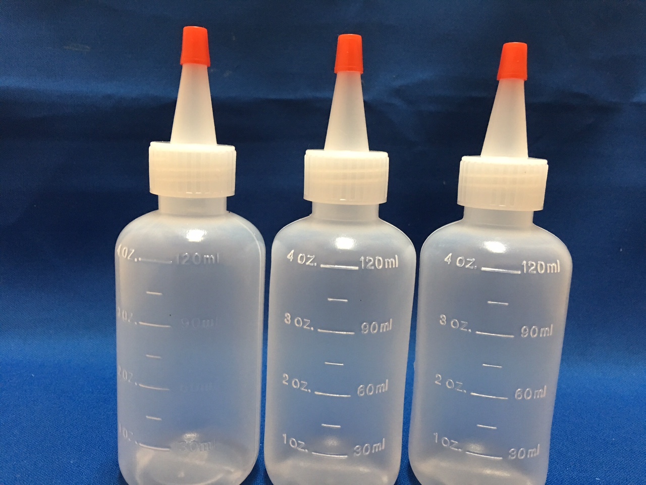 3 pack of 4oz (120mL) Plastic Boston Round Squeeze Bottles + Yorker Caps LDPE