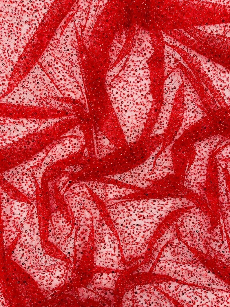 Red Beaded Sequin with pearls Yard, Glitter Mesh, Prom Dress Fabric