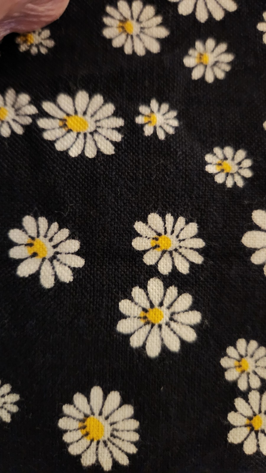 Black with white daisies fabric, cotton blend, 41″ wide by 2 yards 10 inches