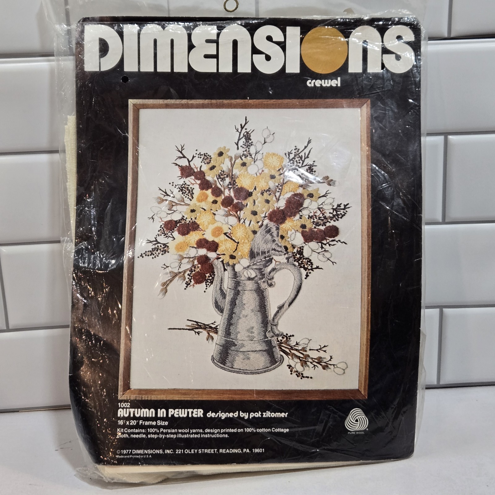 Dimensions Crewel Kit “Autumn in Pewter” #1002 by Pat Zitomer Open Package 16×20