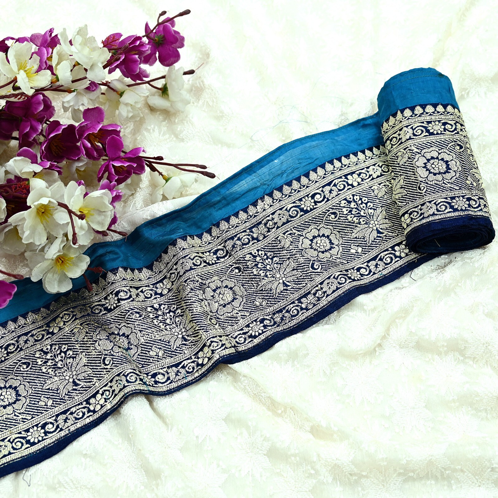 Indian Vintage Blue Sari Border Woven Banarasi 1yd Trim Craft Sewing Recycled