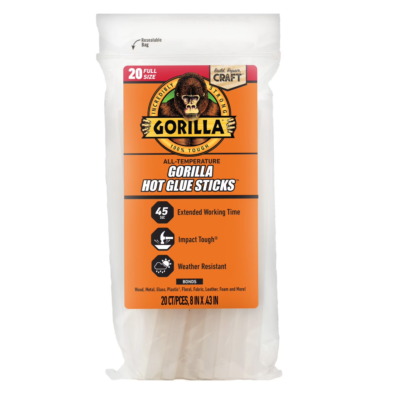 Gorilla Hot Glue Sticks, Clear Glue, Full Size 8″ Long x 0.43″ Diameter,20 Count