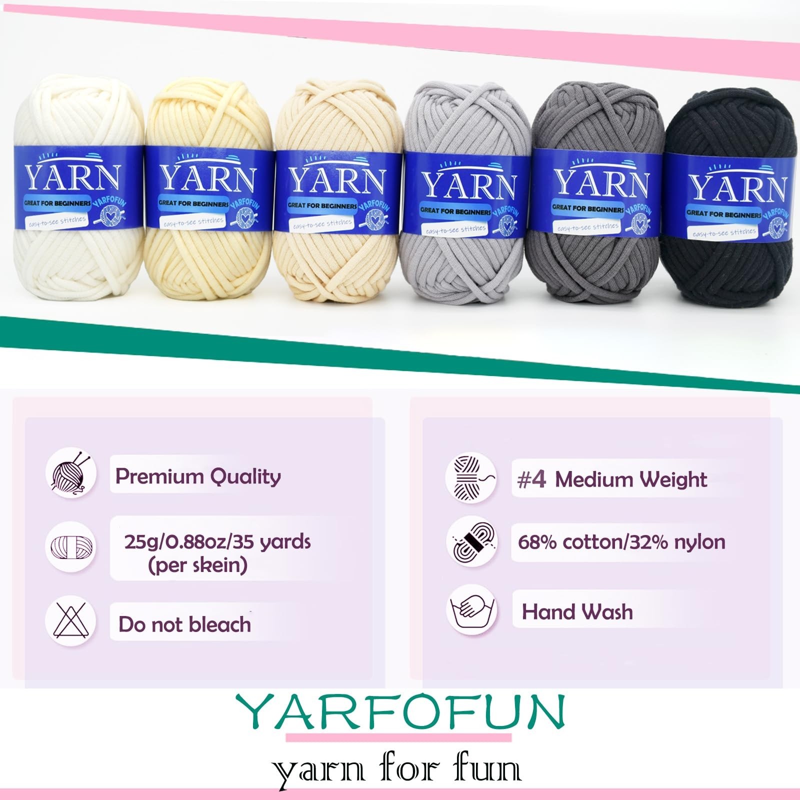 6 Pack Beginners Crochet Yarn Black Grey Beige White Cotton Nylon Blend Yarn …