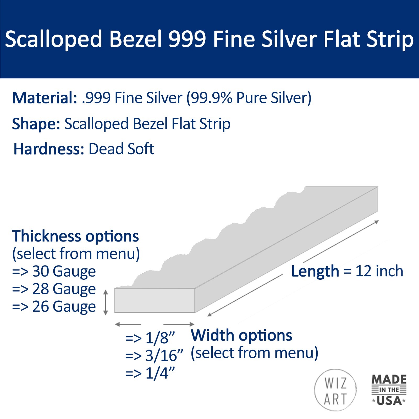 Scalloped Bezel Wire 999 Fine Silver Flat Strip (9 size variations) made in USA