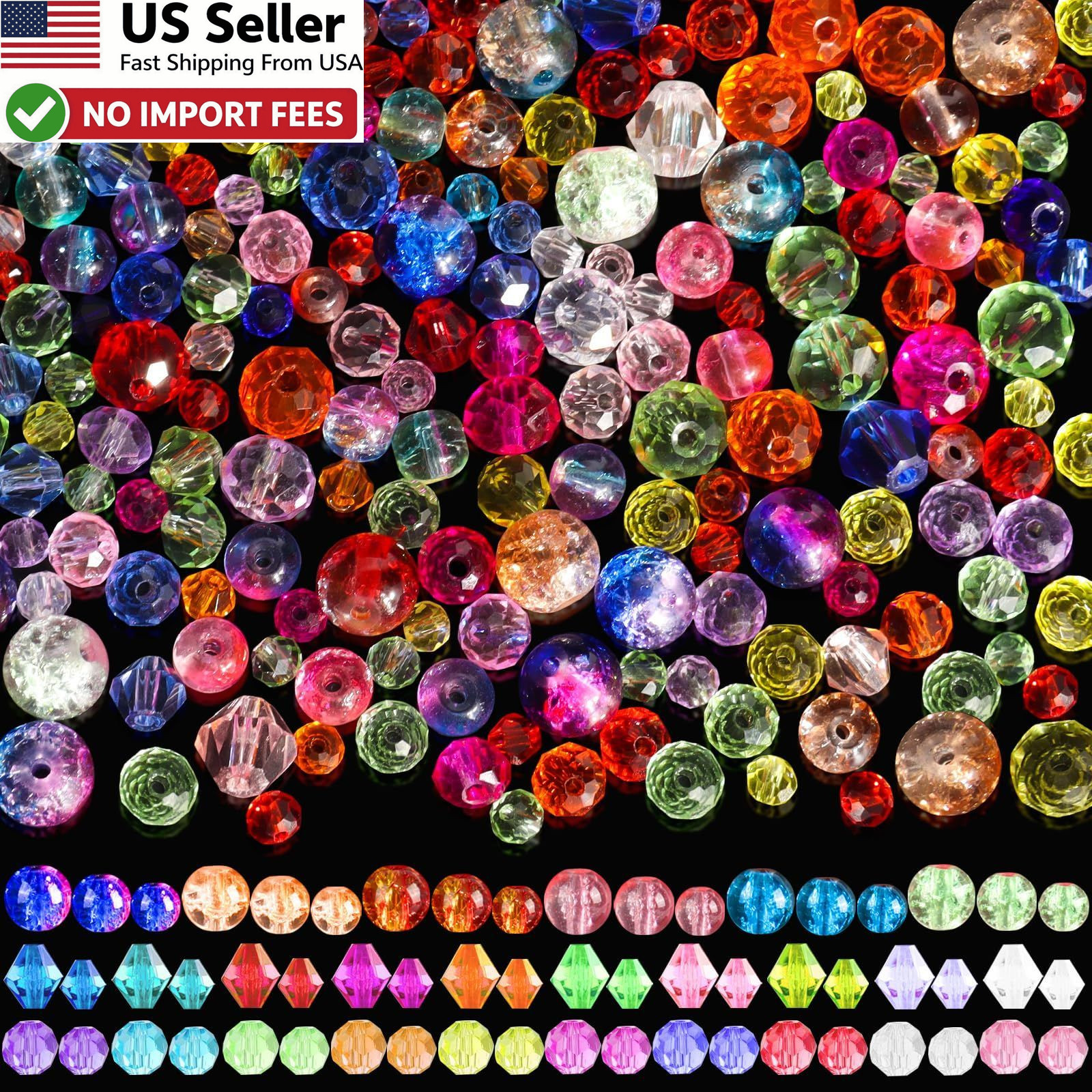 CXIIPOL 1300PCS Glass Beads for Jewelry Making 3mm, 4mm, 6mm, 8mm, Colored