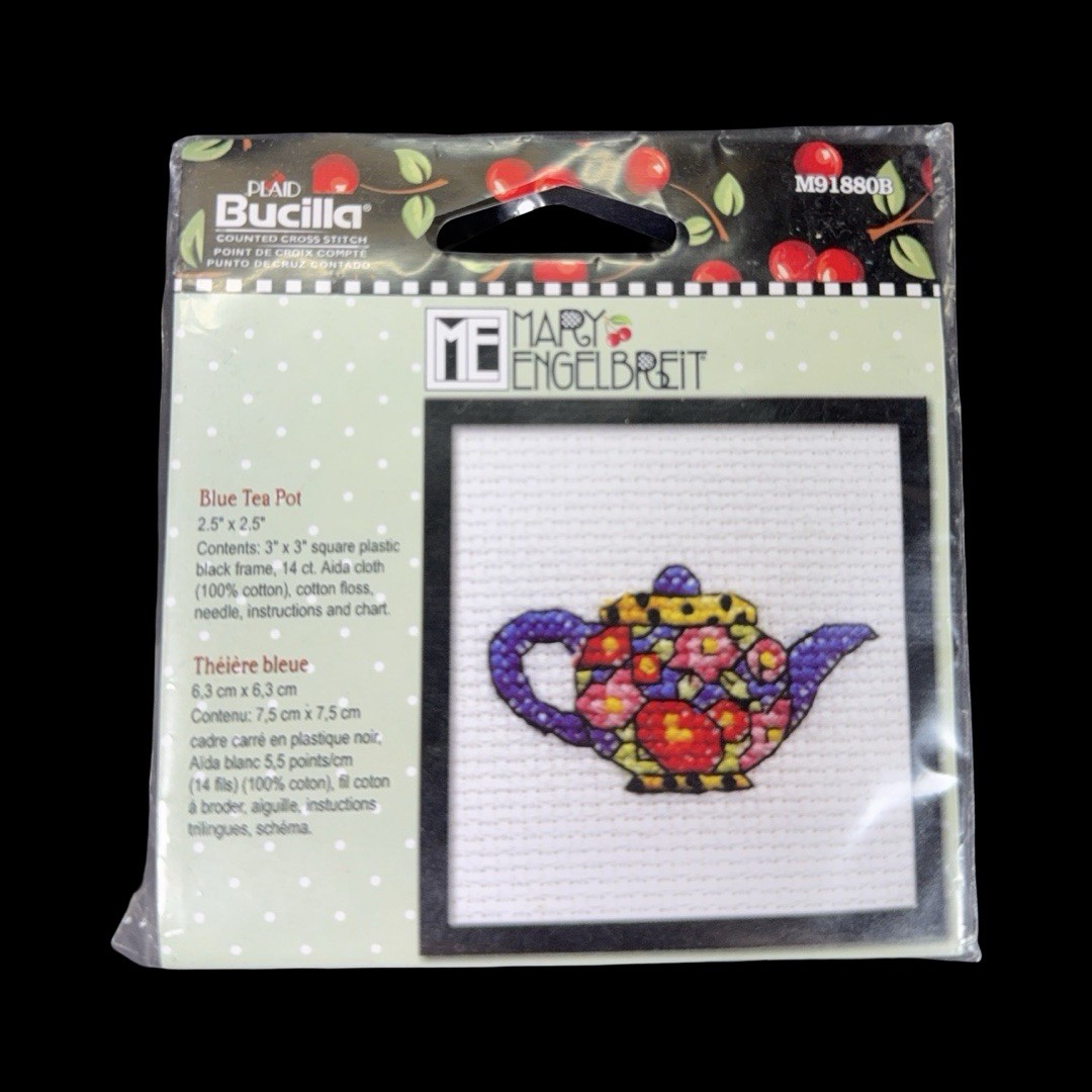 ME Mary Engelbreit Blue Tea Pot Plaid Bucilla Counted Cross Stitch- Sealed