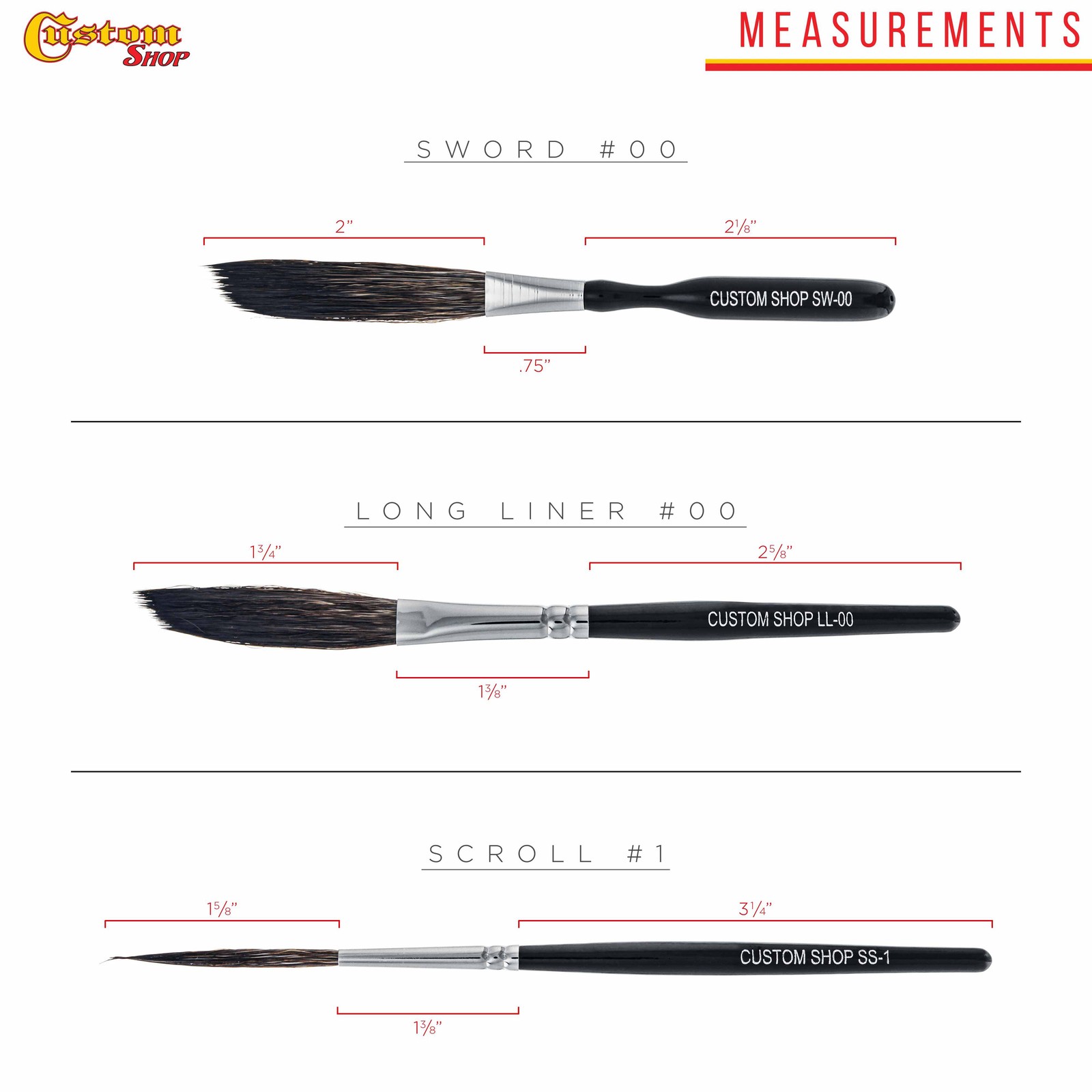 Custom Shop Starter Pinstripe Brush Kit (Sword #00, Scroll #1 & Long Liner #00)