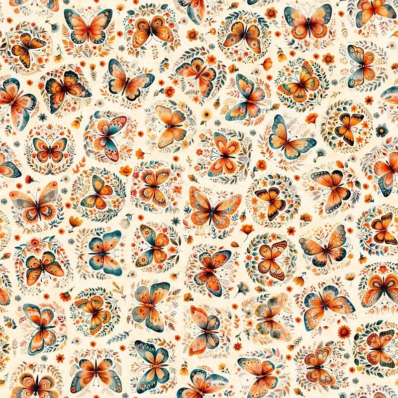 Harvest Hollow, Detailed Butterflies, Orange, Teal, Cream, QT Fabrics 31986-E
