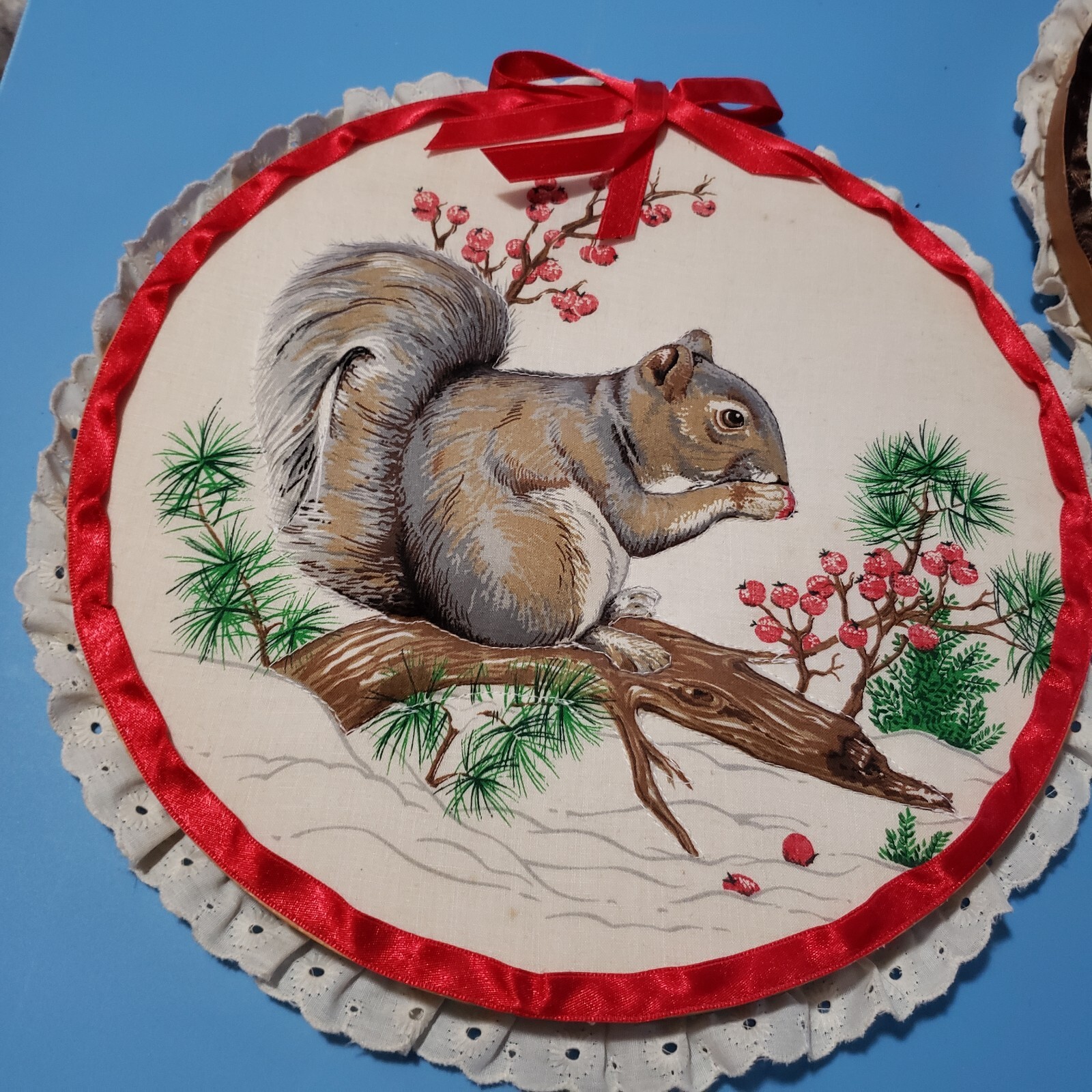 VTG Embroidery Hoop Hanging Wall Folk Art Rabbit Squrriel Red Winter Berries
