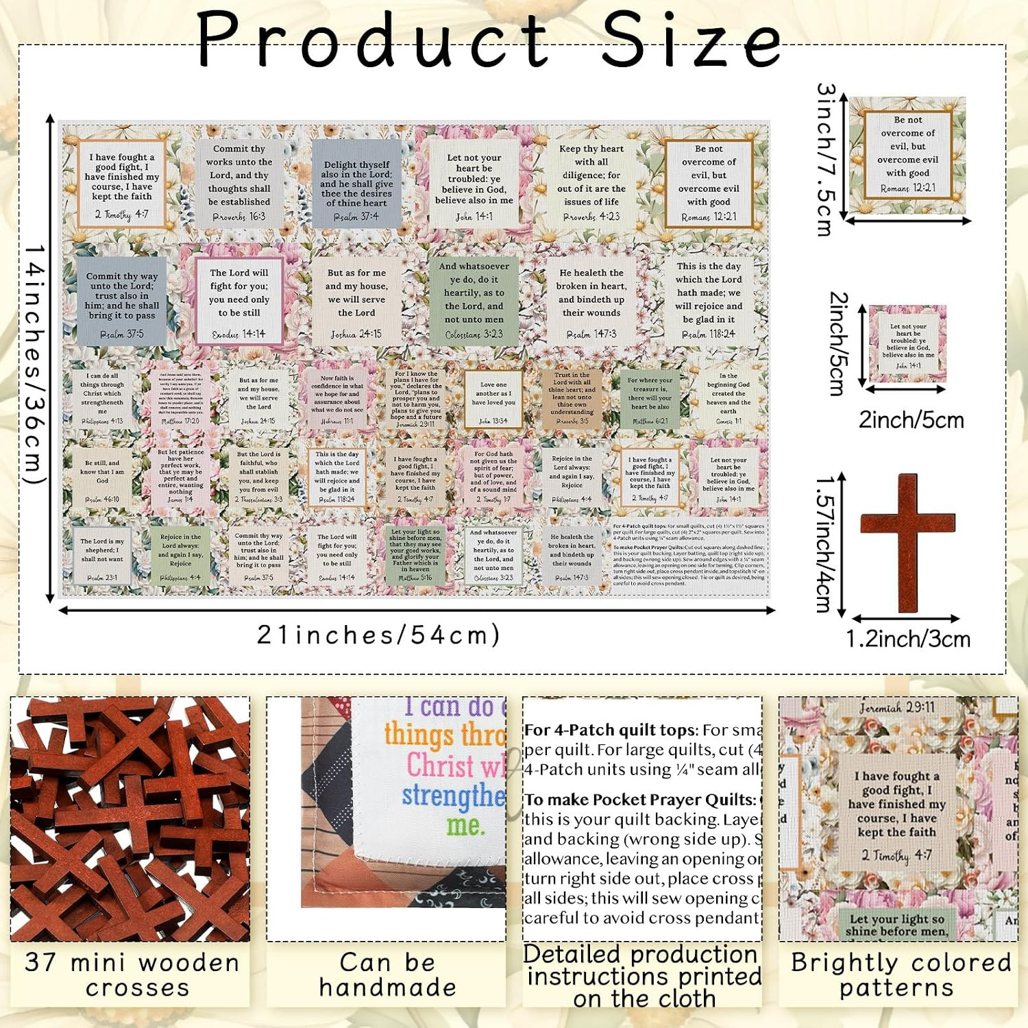 38 Sets Pocket Prayer Quilt Kits with Wooden Crosses, Mini Prayer Cloth Squares
