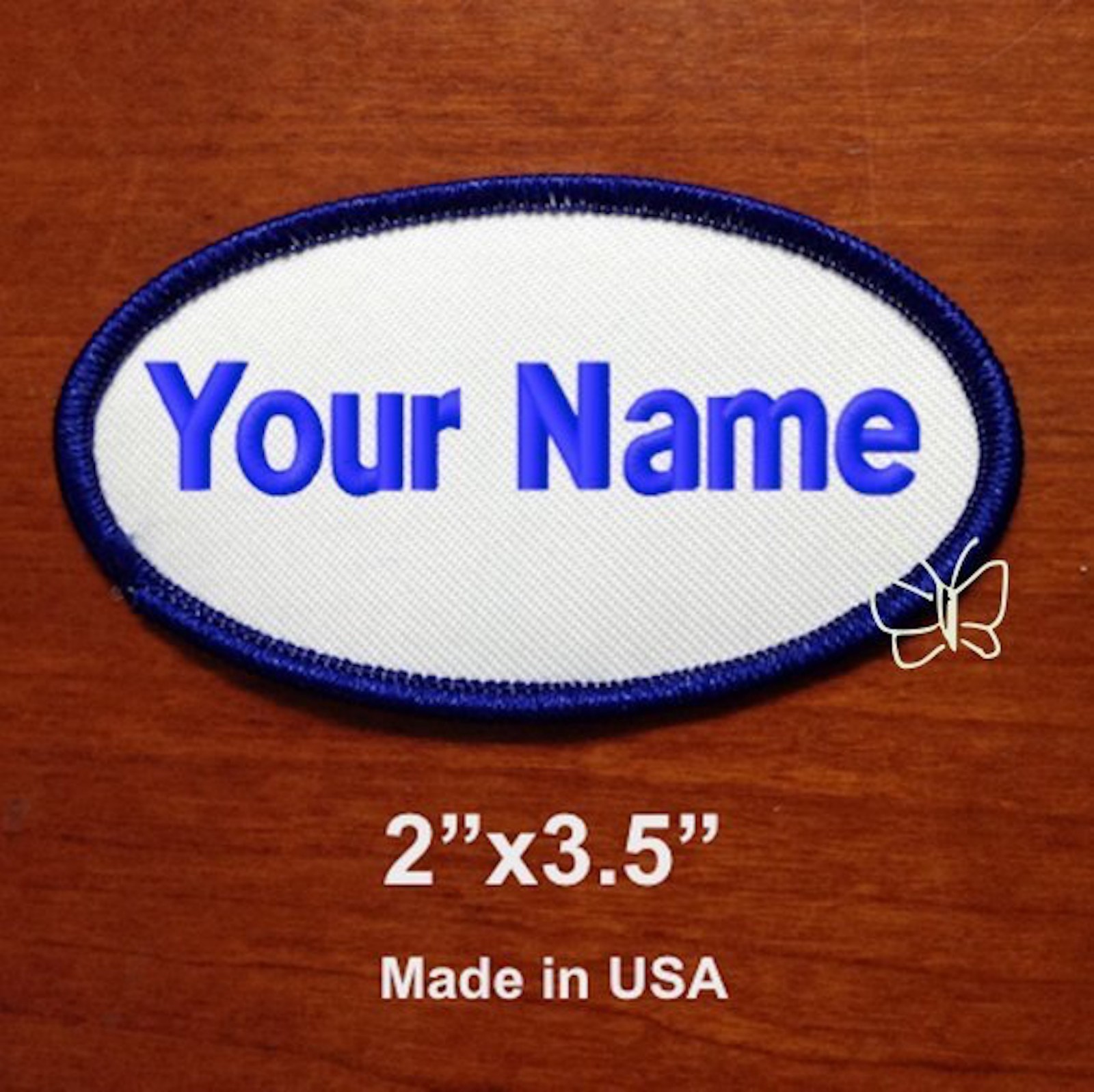 Custom Embroidered Patch Name Tag Biker Badge Oval White / Royal 2″x3.5″