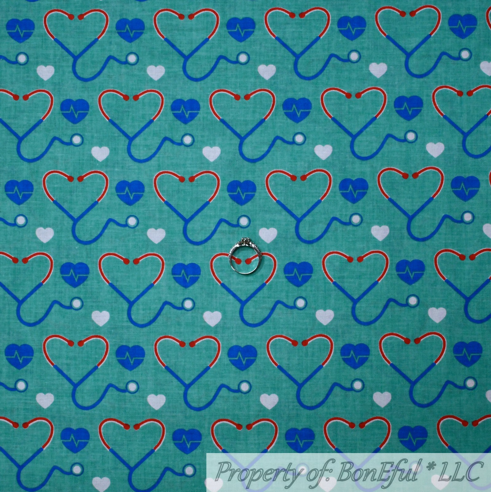 BonEful FABRIC FQ Cotton Quilt Green Teal Blue Red Heart Attack Health Dr Stripe