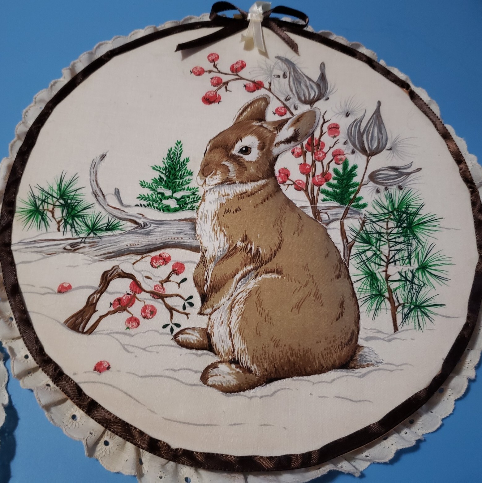 VTG Embroidery Hoop Hanging Wall Folk Art Rabbit Squrriel Red Winter Berries