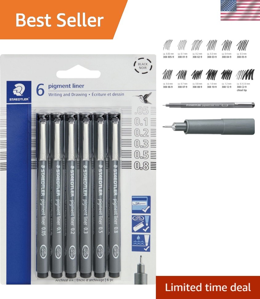 Pigment Liner Pack, Black, 6 Pens, Assorted Line Widths, 0.05mm, 0.1mm, 0.2mm…