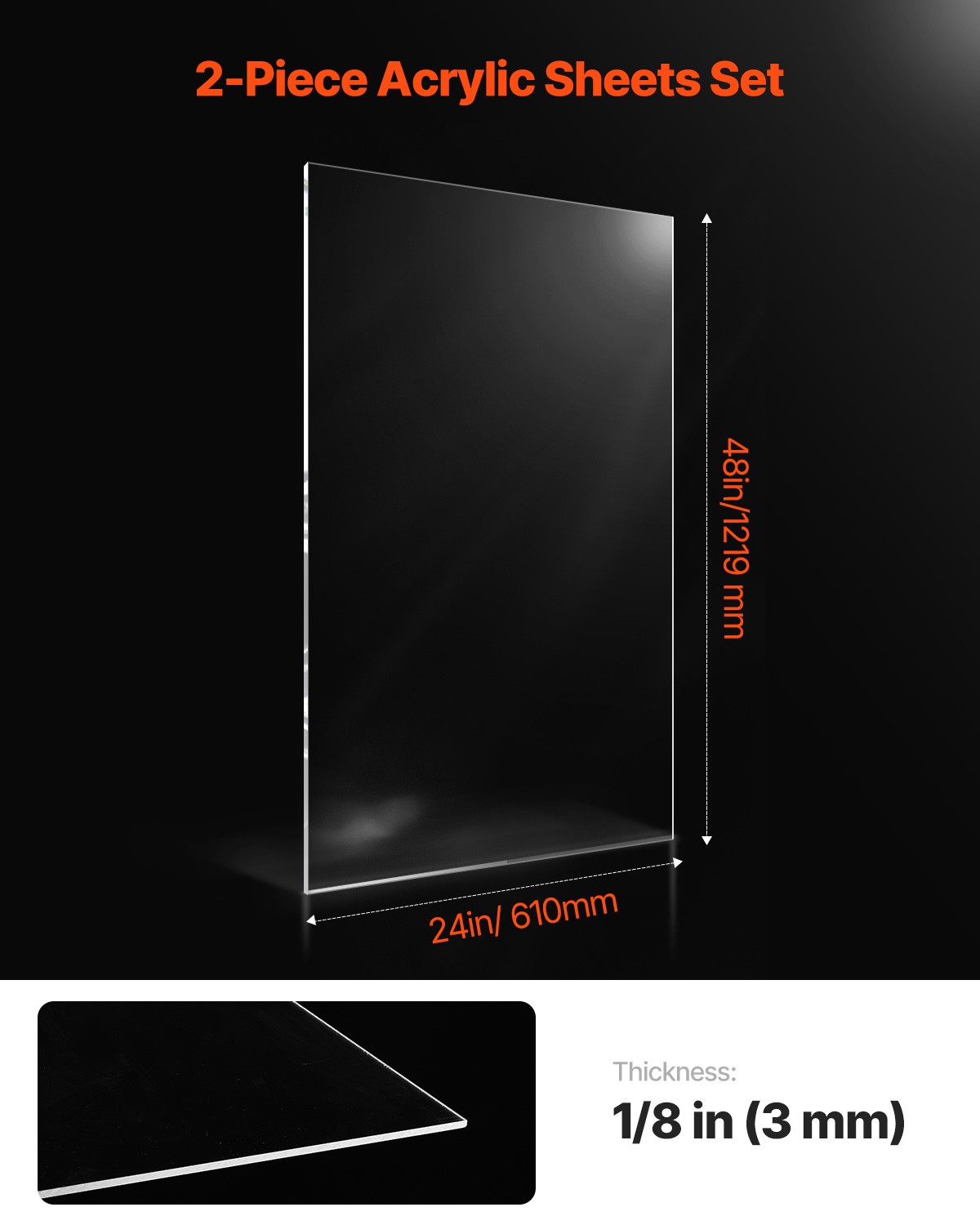 VEVOR 2-Pack Plexiglass Acrylic Sheets 24 x 48Inch Plastic Sheets 1/8 Inch Thick
