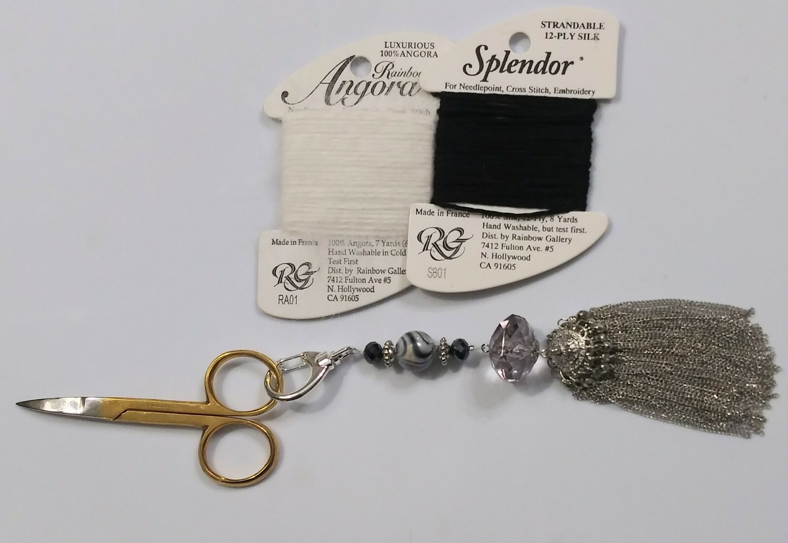 Smoke Gray Black w/ Chain Tassel Fob & Vintage Gold Plated Embroidery Scissors