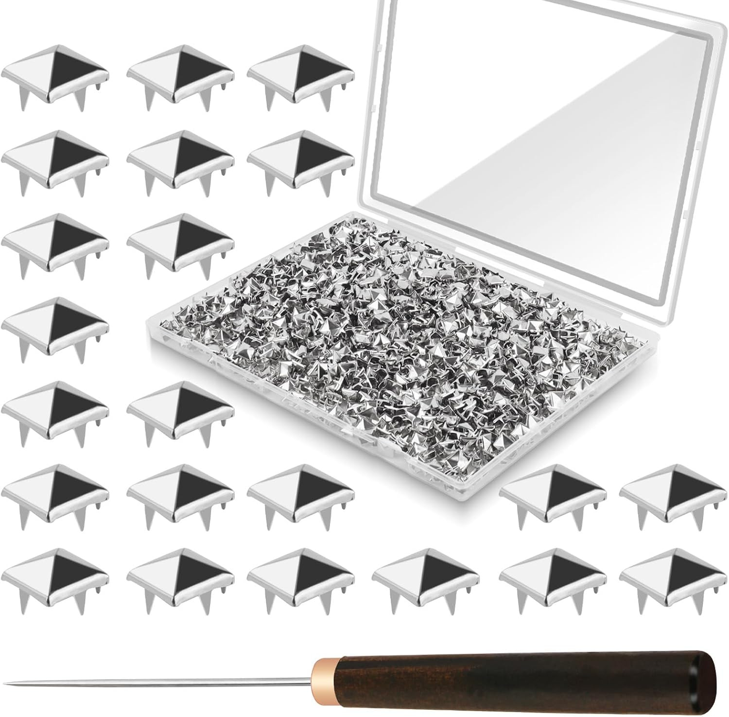 1300 Pieces 10 Mm Silver Pyramid Studs for Clothing, Four-Jaw Square Metal Studs