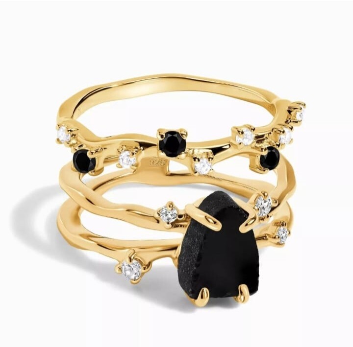 Gold Plated Black Onyx Ring Set Women Stacking Wedding Band Minimalist Jewelry