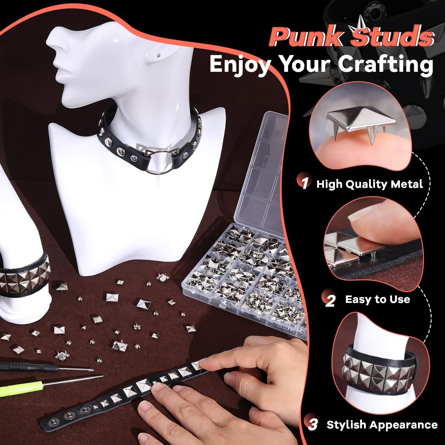 1000 Pcs Square Pyramid Studs for Clothes, Leather Rivets Metal Studs and Spikes