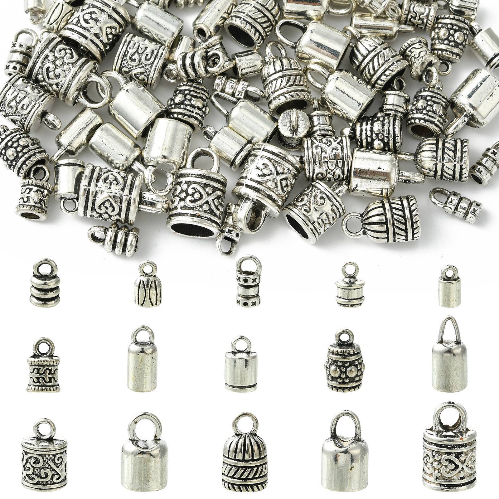 90pcs Antique Silver Cord End Caps Tibetan Alloy Tube Barrel End Tip for DIY