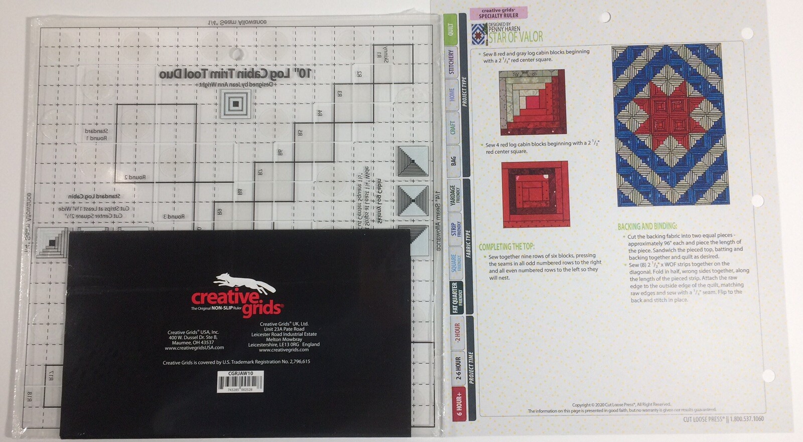 Creative Grids 10″ Log Cabin Trim Tool Duo + Free Quilt Pattern 10 1/2″X10 1/2″