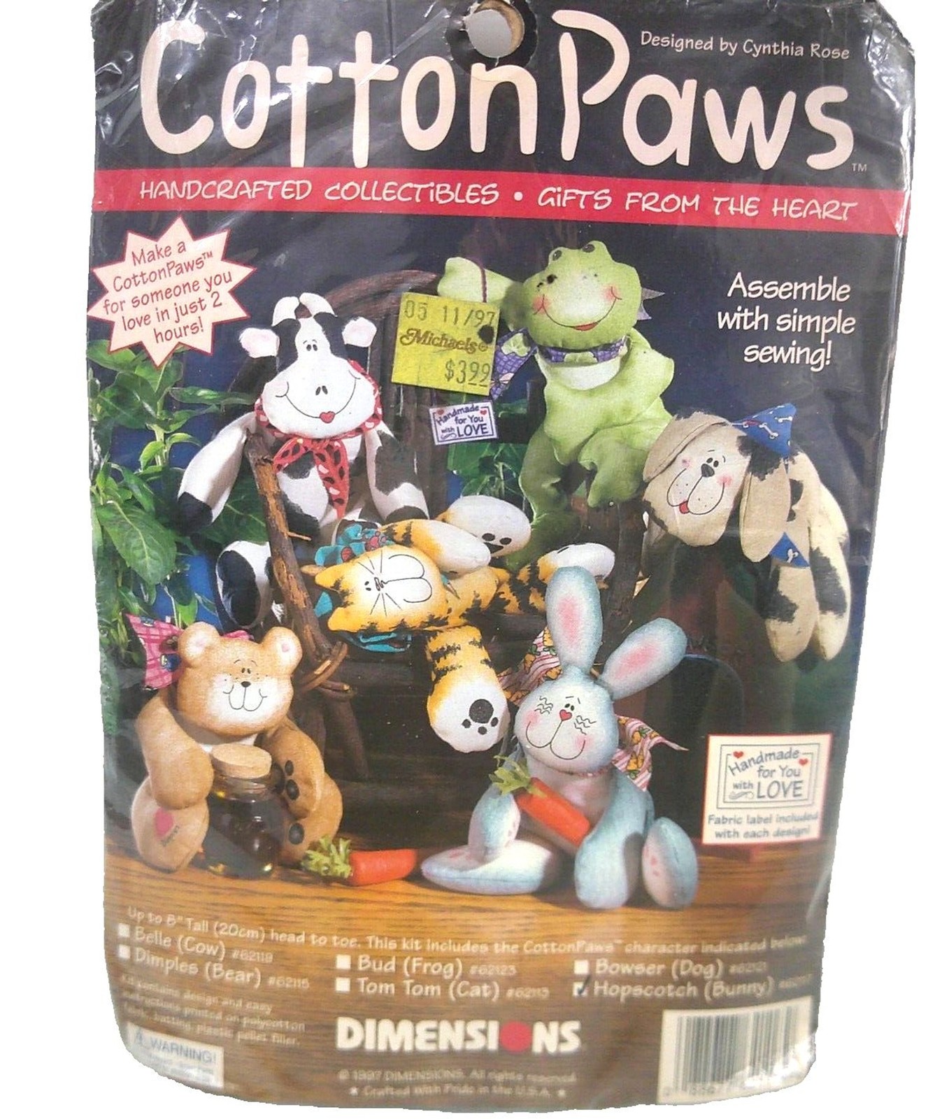 Vintage 1997 Dimensions Hopscotch Bunny Cotton Paws Handcrafted Kit 62117 Easter