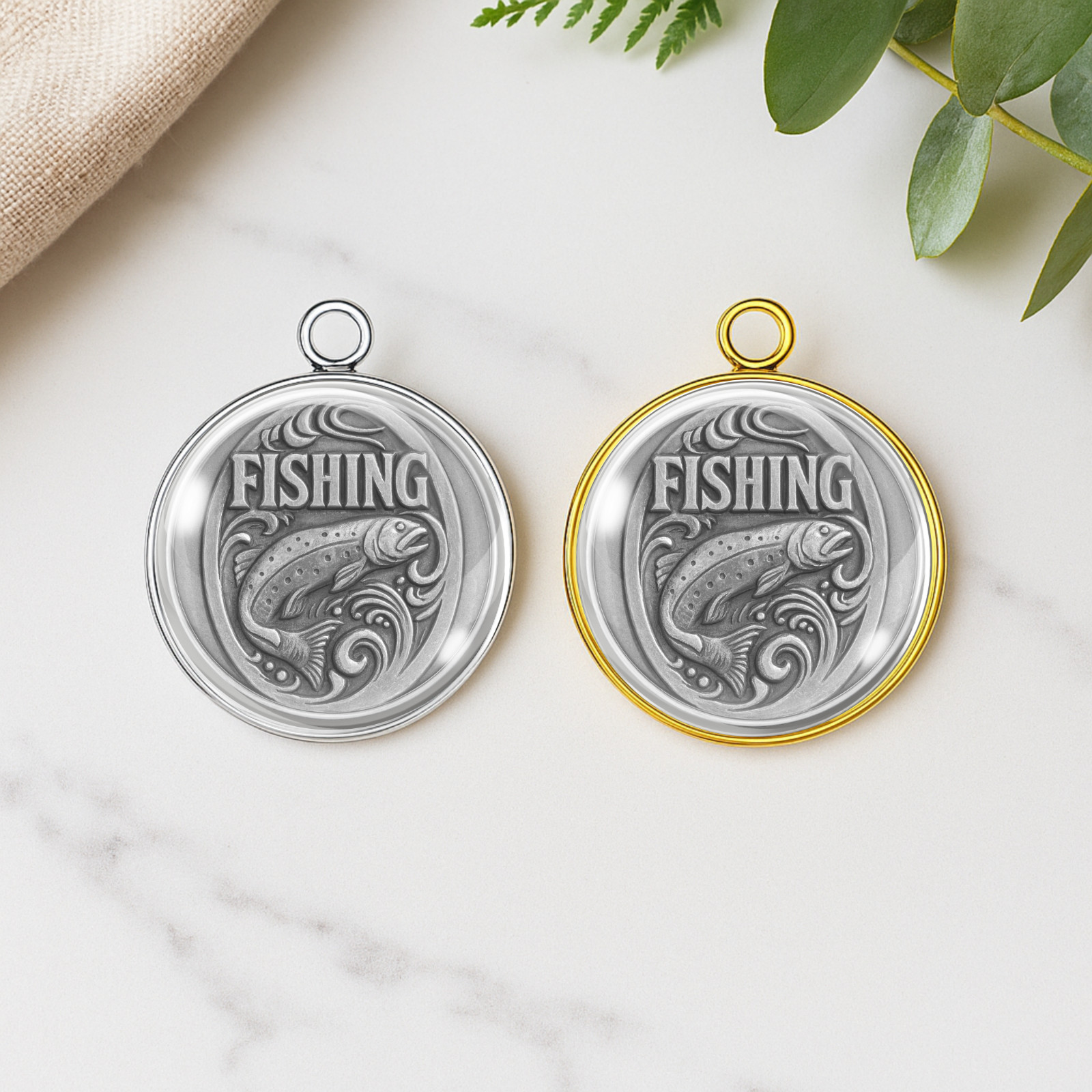 Fishing Charm – Trout & Waves Design – Stainless Steel Glass Cabochon