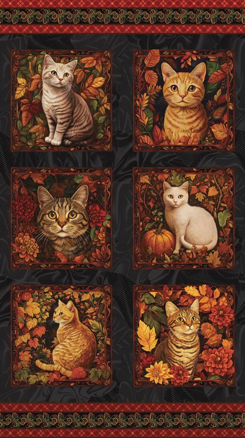 Autumn Cats Fabric Quilt Panel ~ 24″ x 44″