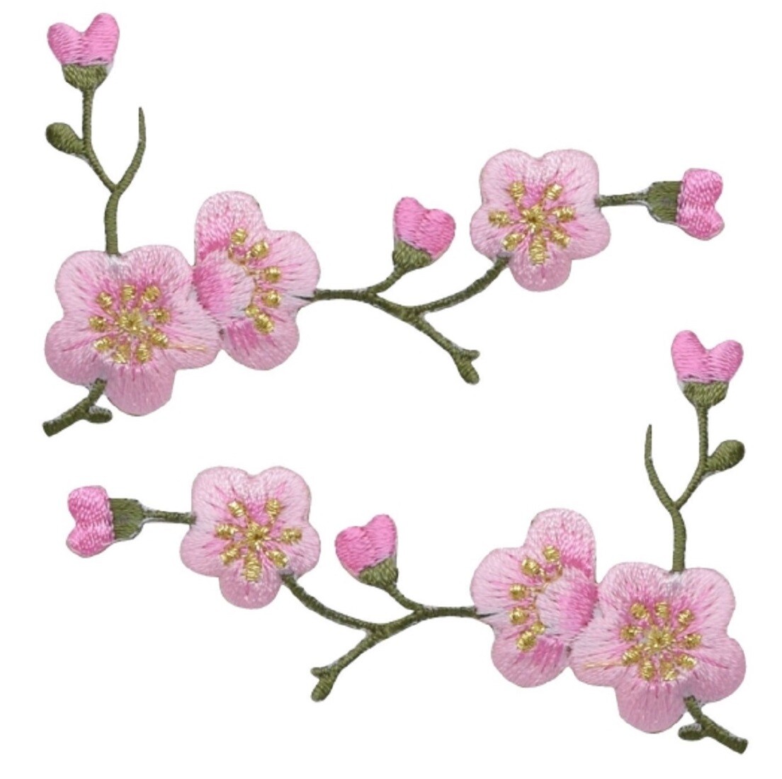 Cherry Blossom Applique Patch Set – Green Pink Flower 3-1/8″ (2-Pack, Iron on)