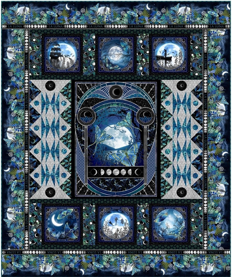 “La Luna” Blue/Silver Lunar Moths & Moons Fabric-100% Cotton•BTY•Fast Ship!