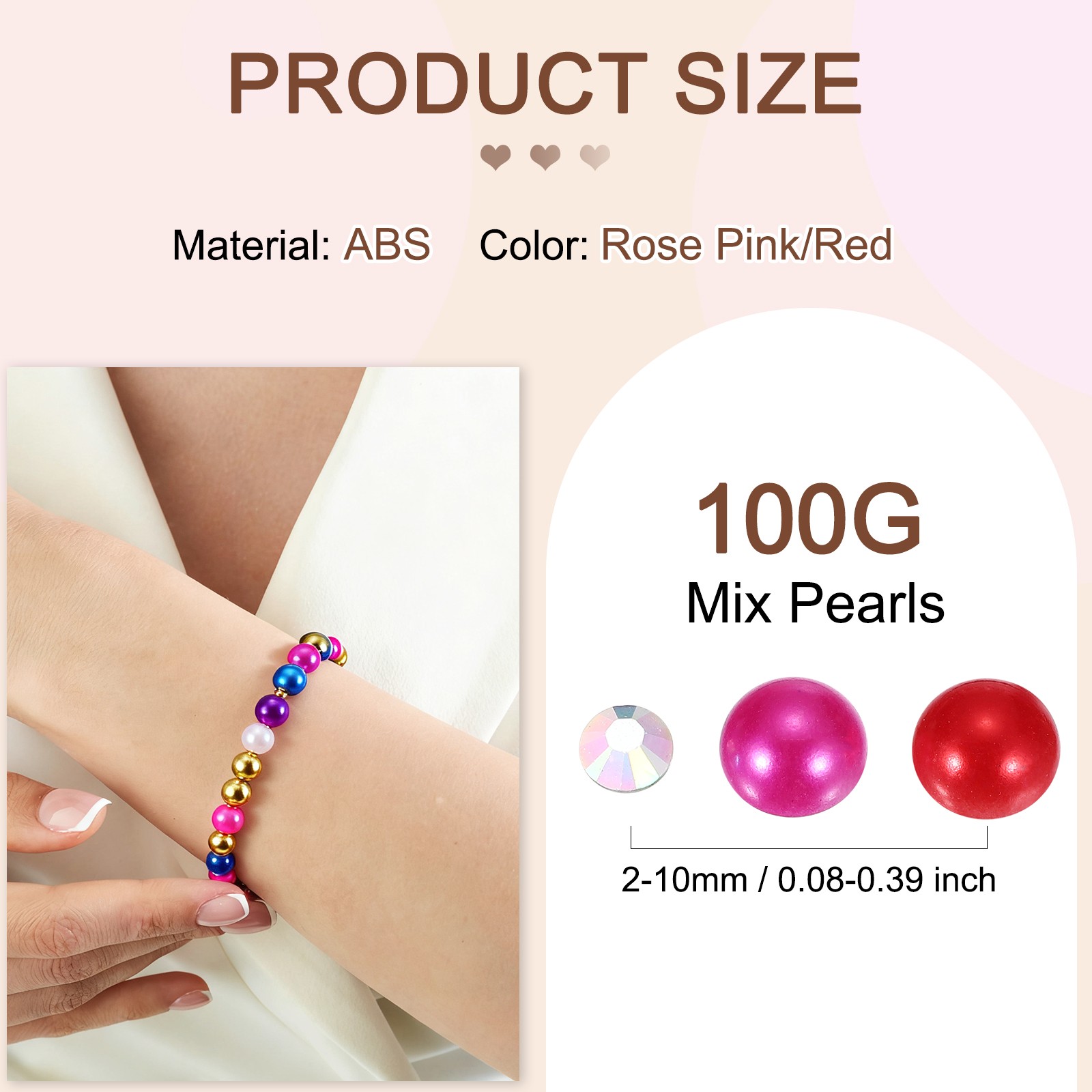 100g 2-10mm Mix Pearls, Rose Pink/Red
