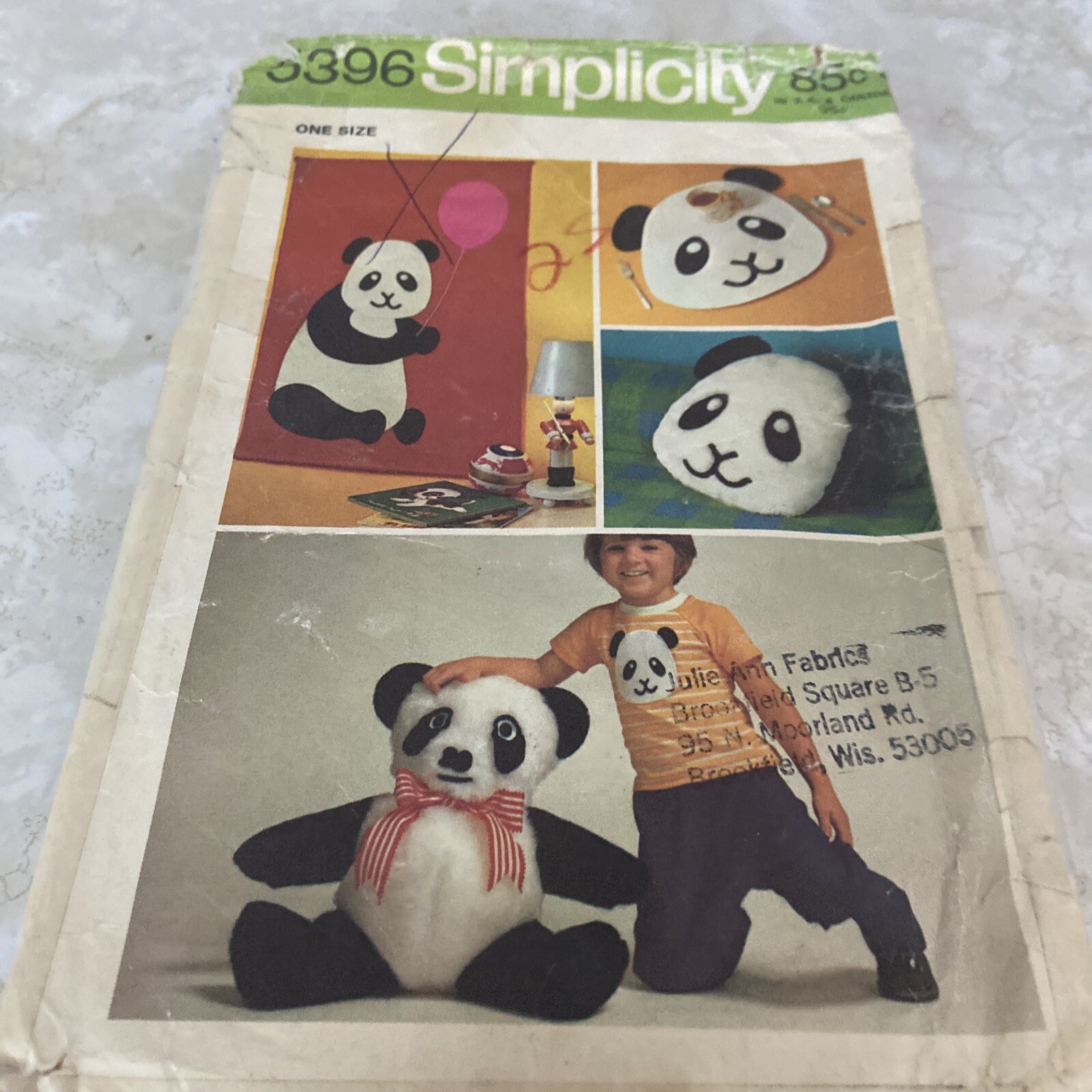 Simplicity 5396 Pattern Stuffed Placemat Panda Pillow Vintage 1972 Stuffie Plush