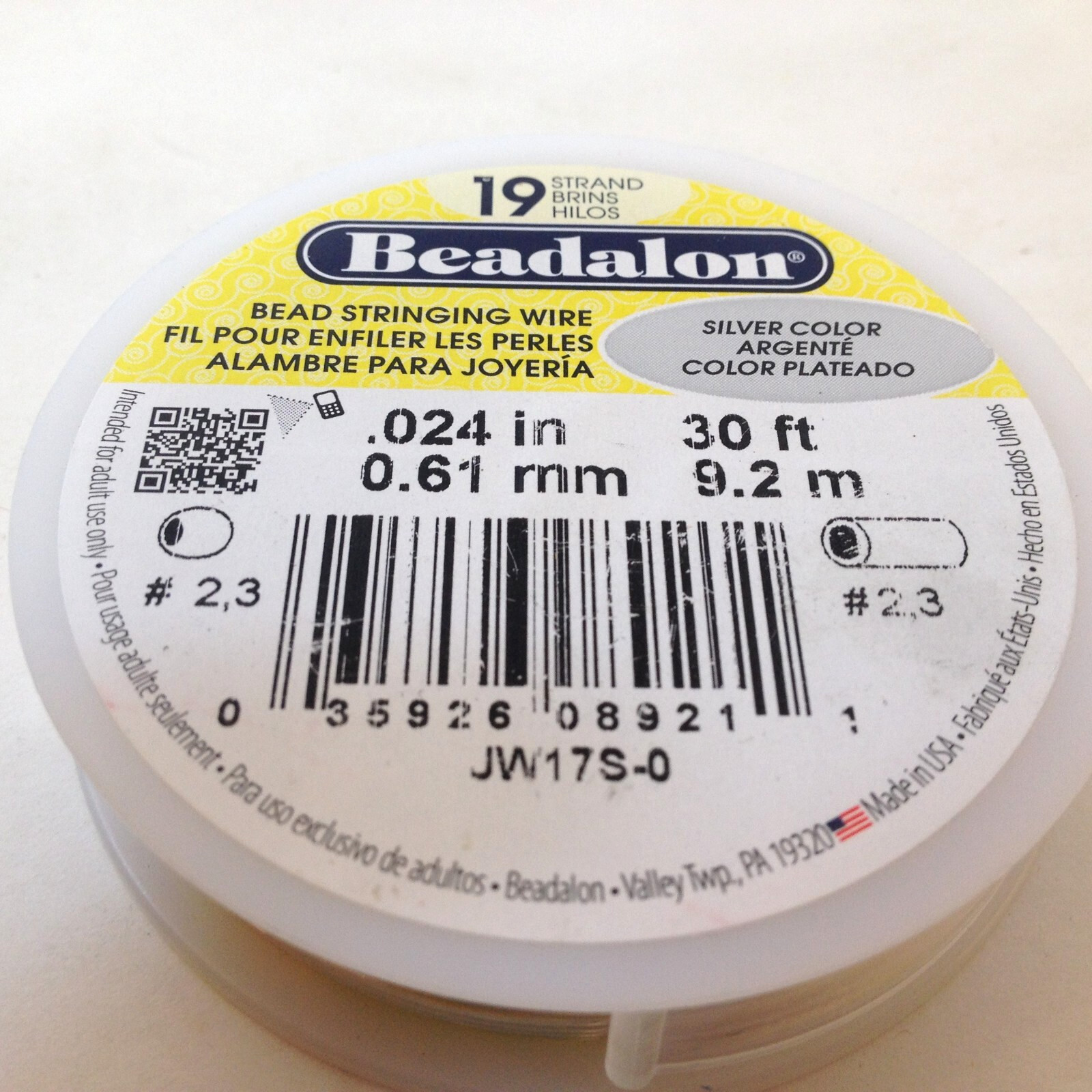Beadalon 19 Strand Bead Stringing Wire .024 in 0.61 mm Silver Color 30 Ft Flex