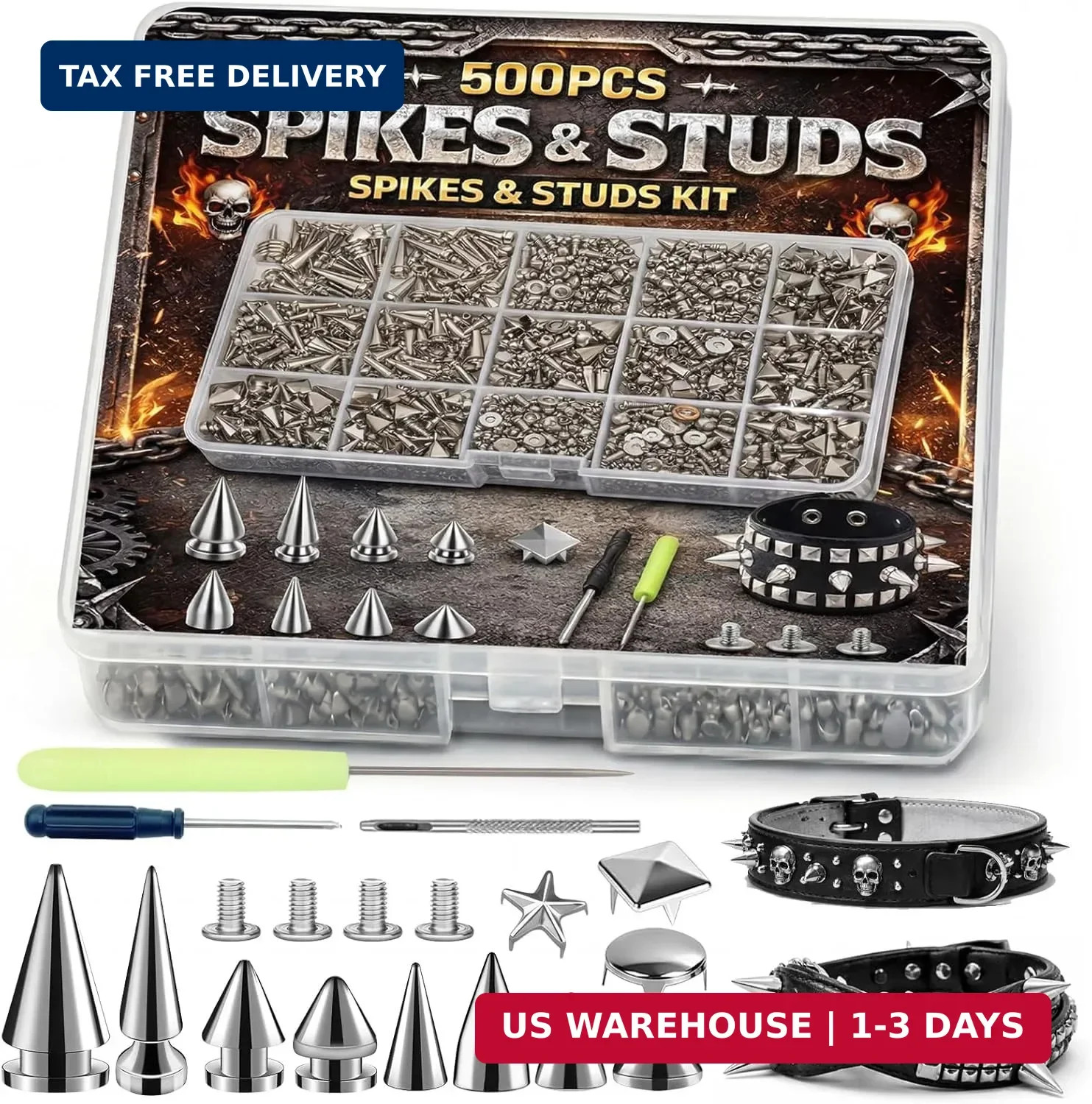 500 Sets Punk Spikes and Studs Kit,11 Sizes Metal Rivets for Jackets, Shoes, Bel