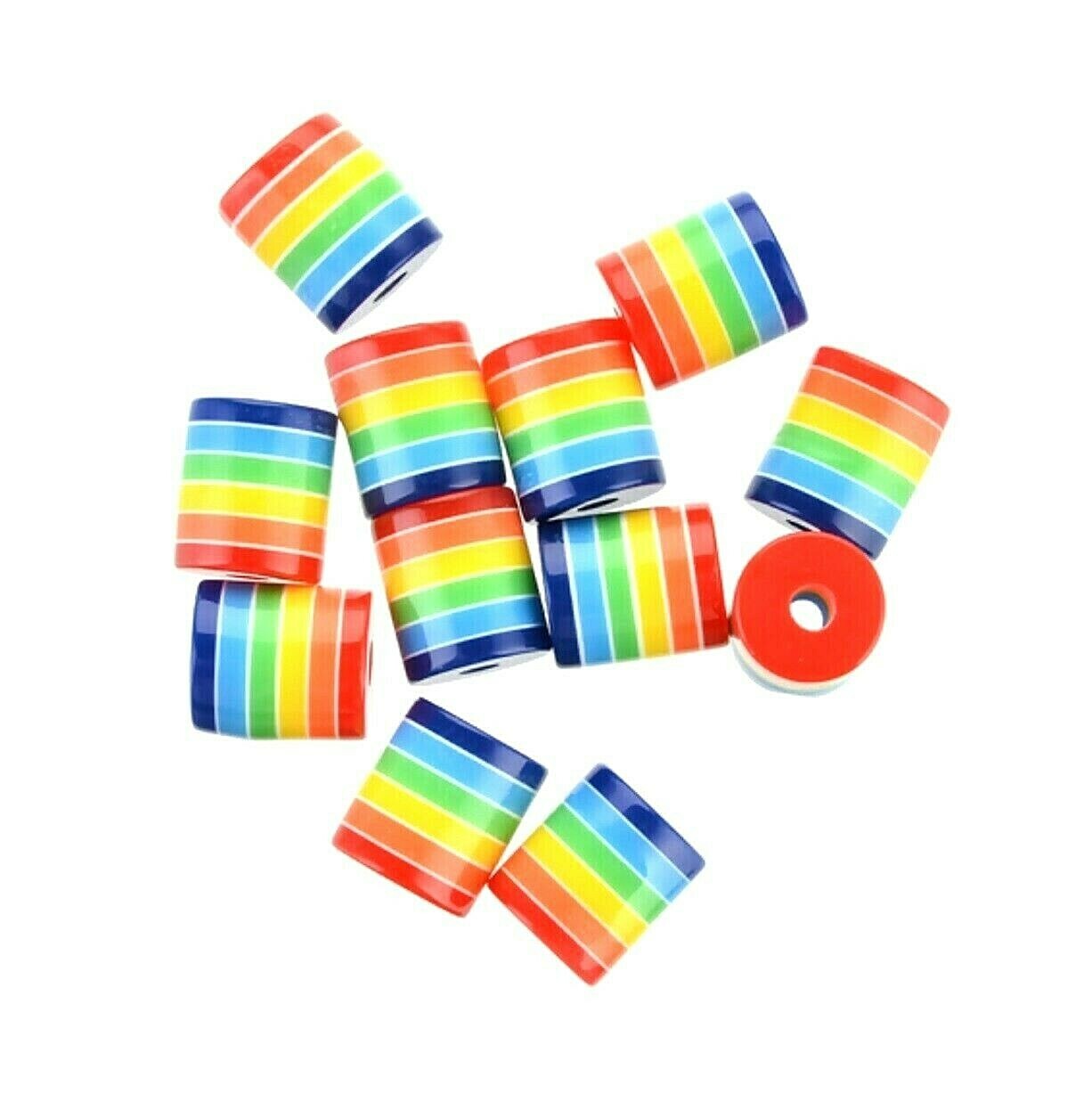 100 Red Green Yellow Blue Purple Rainbow Striped 9x8mm Round Tube Cylinder Beads