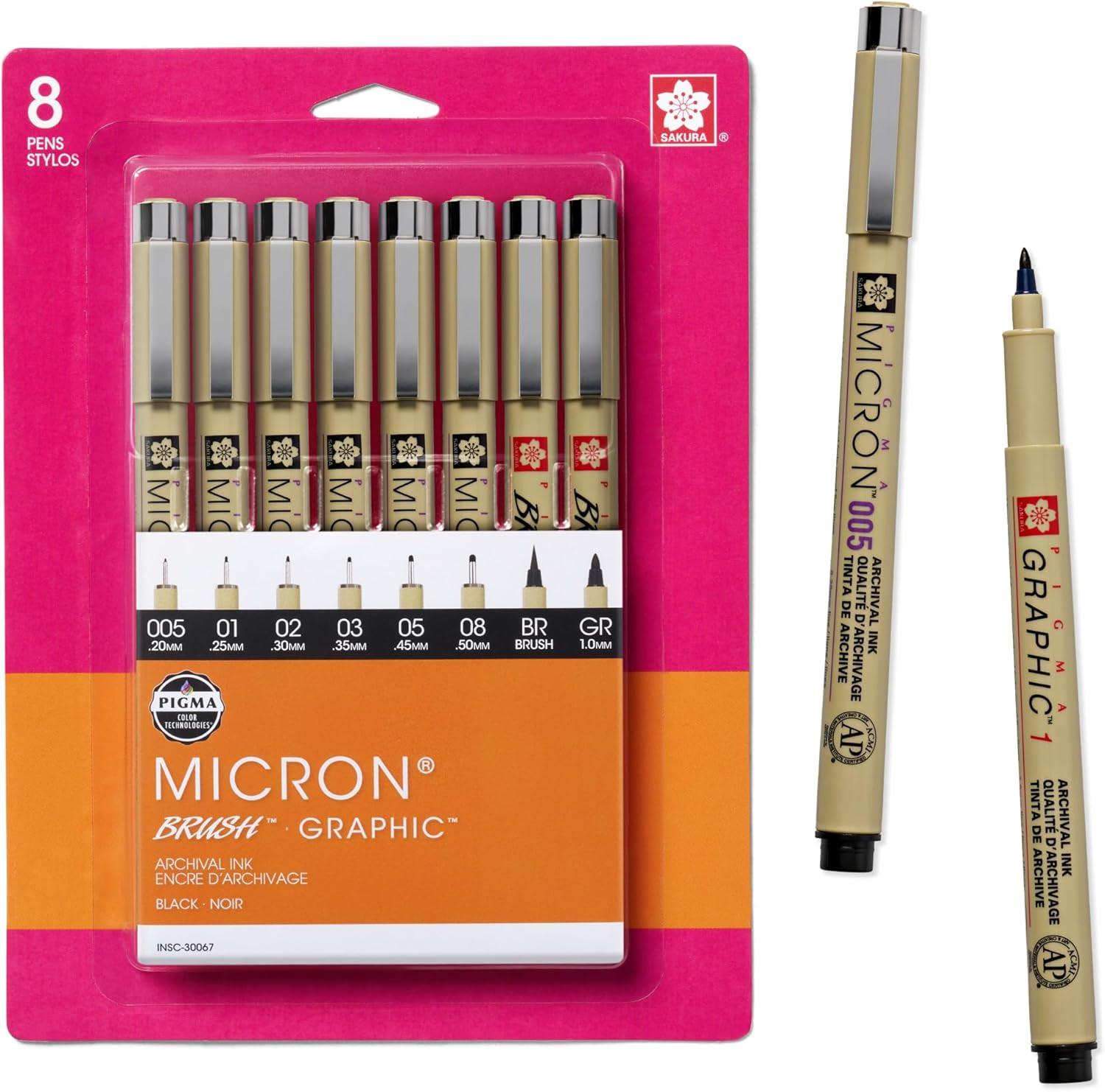 Sakura Pigma Micron, Graphic & Brush Fineline Pens, Archival Black Ink, 8 PK 300