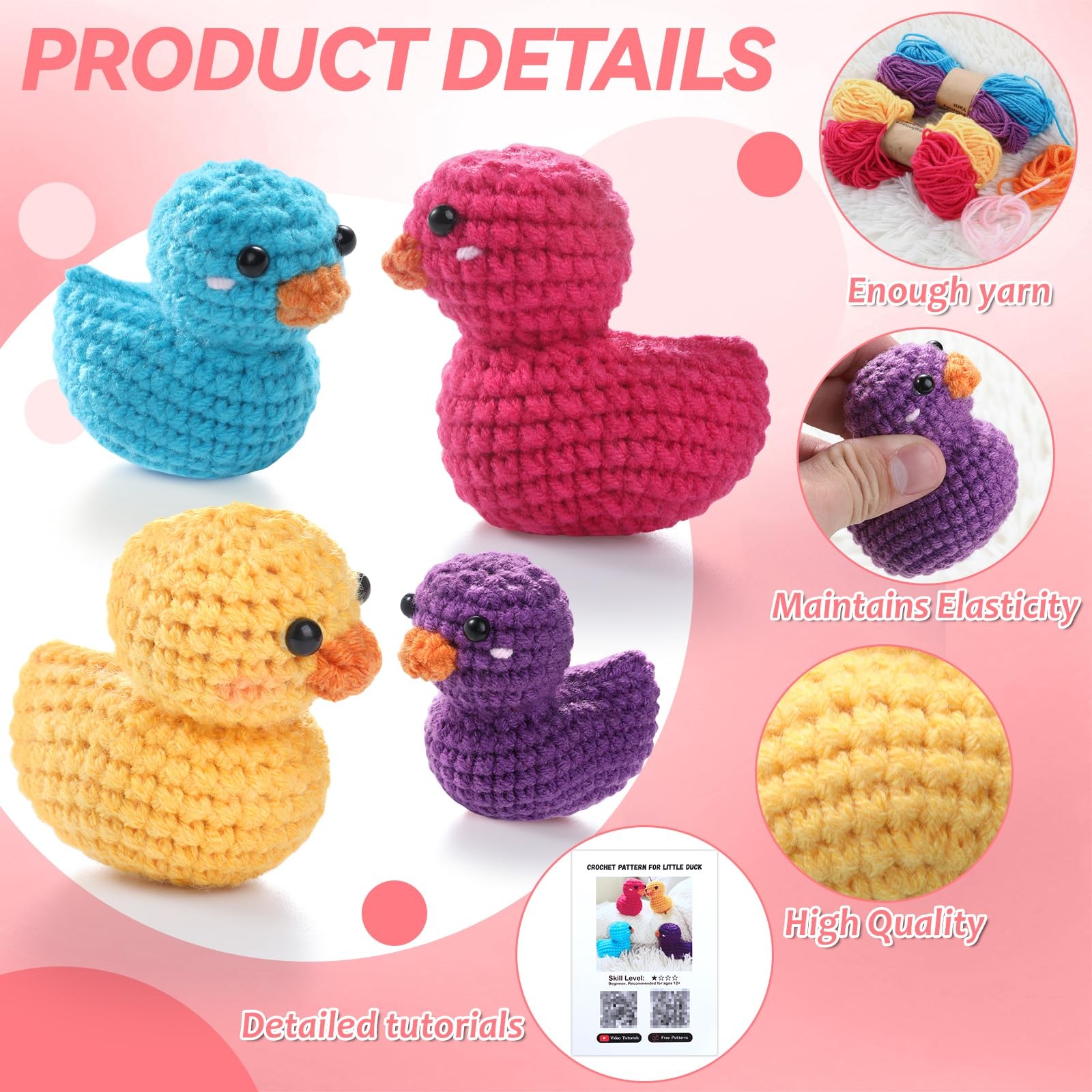 4 Pack Duck Crochet Kit for Beginners with Easy Yarn and Step-by-Step Video T…