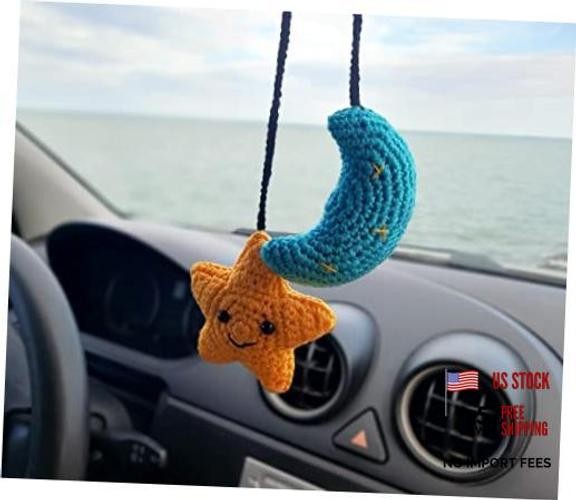Star and Moon, Crochet Handmade Automotive Rearview Mirror Charm Decor,