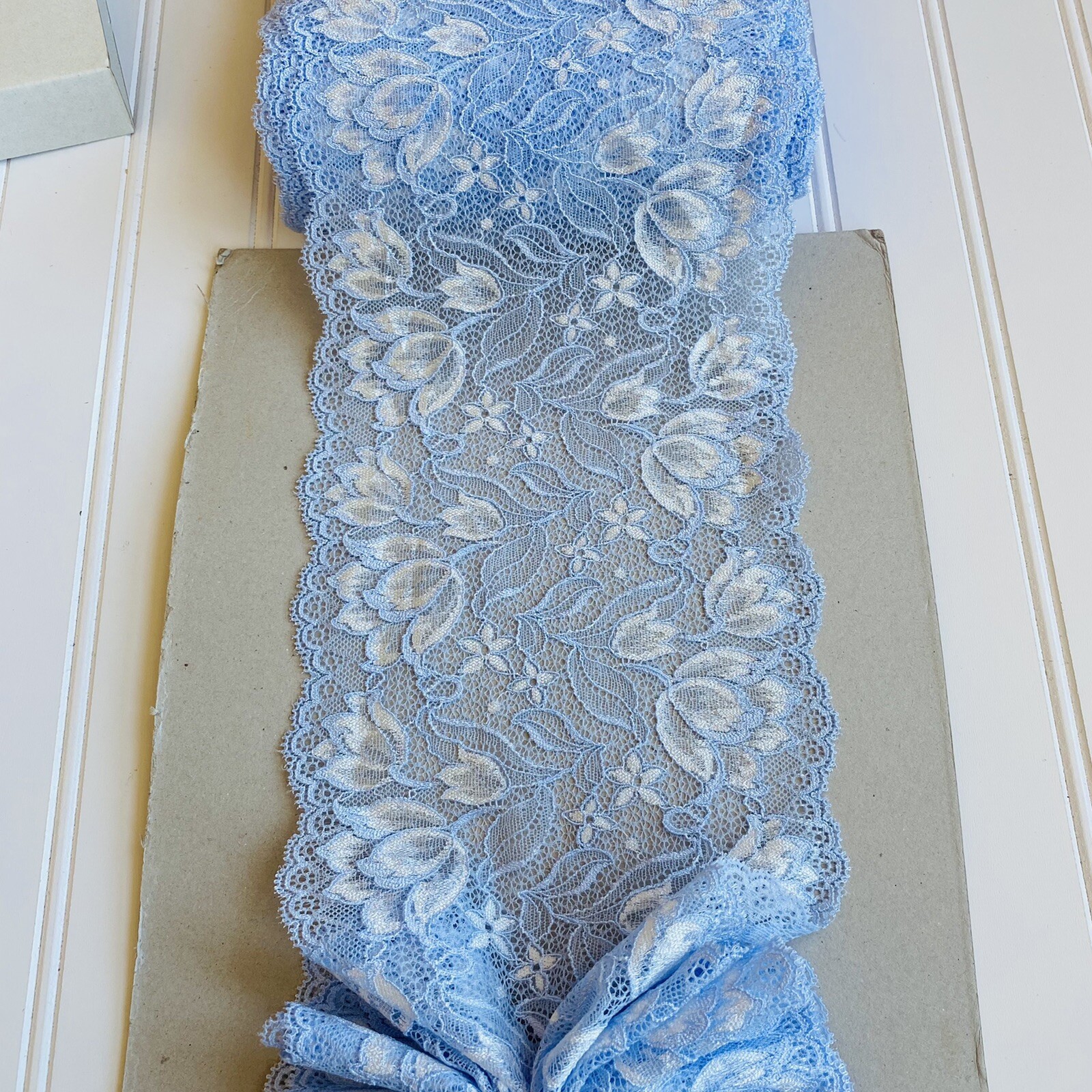 Stretch Baby Blue & White Floral Lace Trim for Sewing/Lingerie/Crafts/6.25” Wide