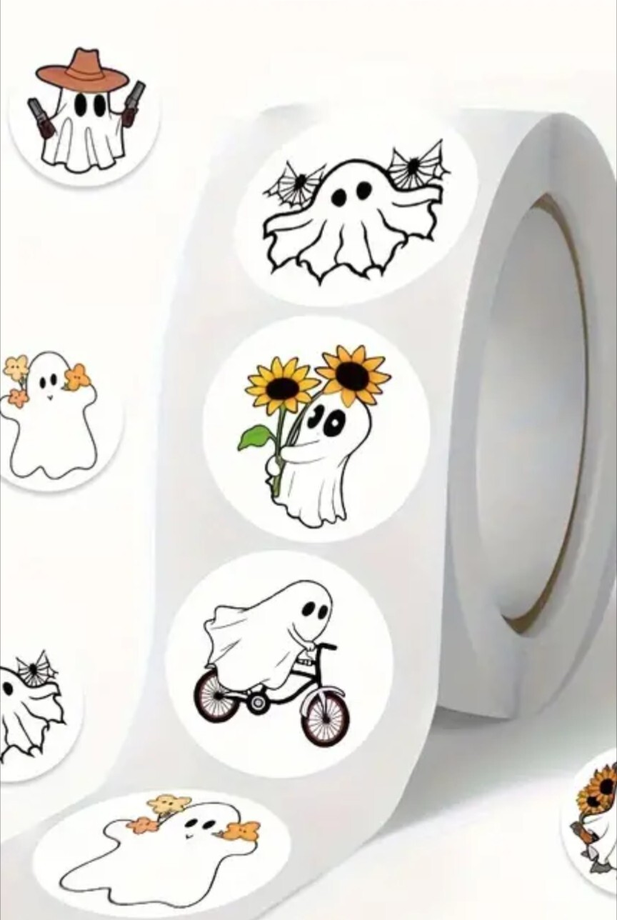500 pcs Sticker Seals Roll Cute Cartoon Ghost Theme Semi Gloss Self Adhesive