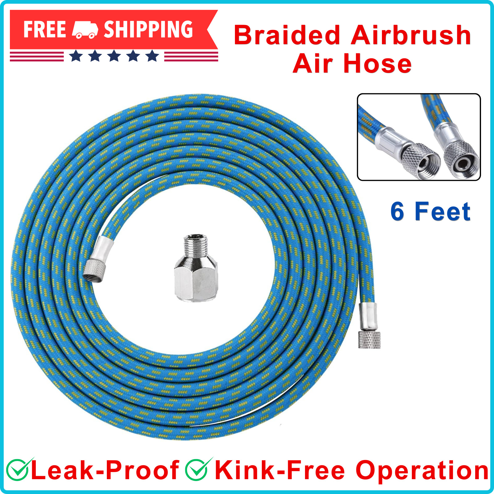 HUBEST 6ft Braided Airbrush Air Hose W/ 1/8 In to 1/4 Inch Adapter Nylon Braided