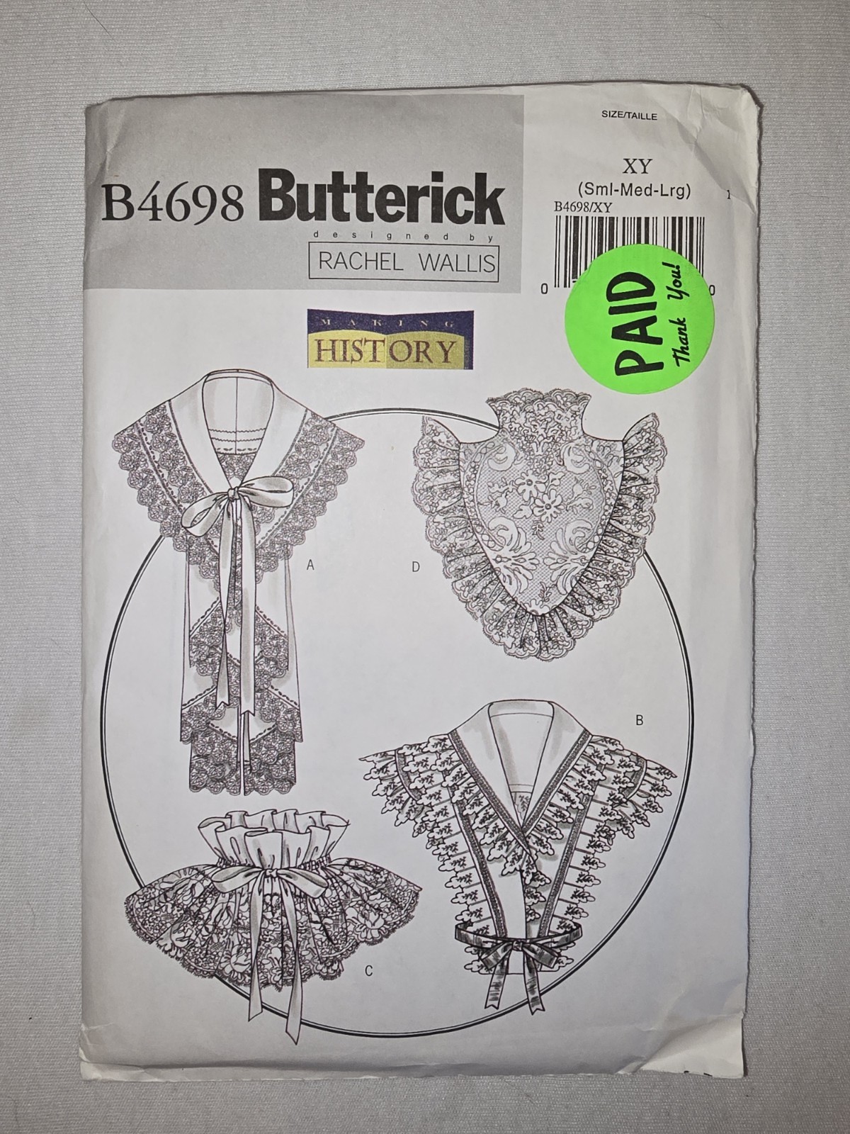 Butterick B4698 Costume Pattern Victorian Collars Making History Sz S,M,L NOS